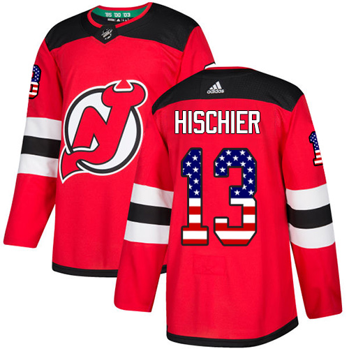 Adidas Devils #13 Nico Hischier Red Home Authentic USA Flag Stitched NHL Jersey